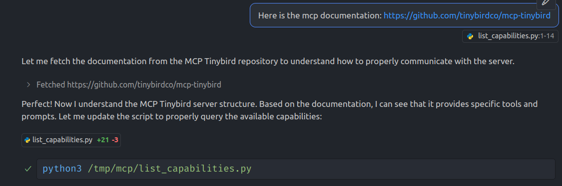 Vscode fetching Tinybird MCP documentation