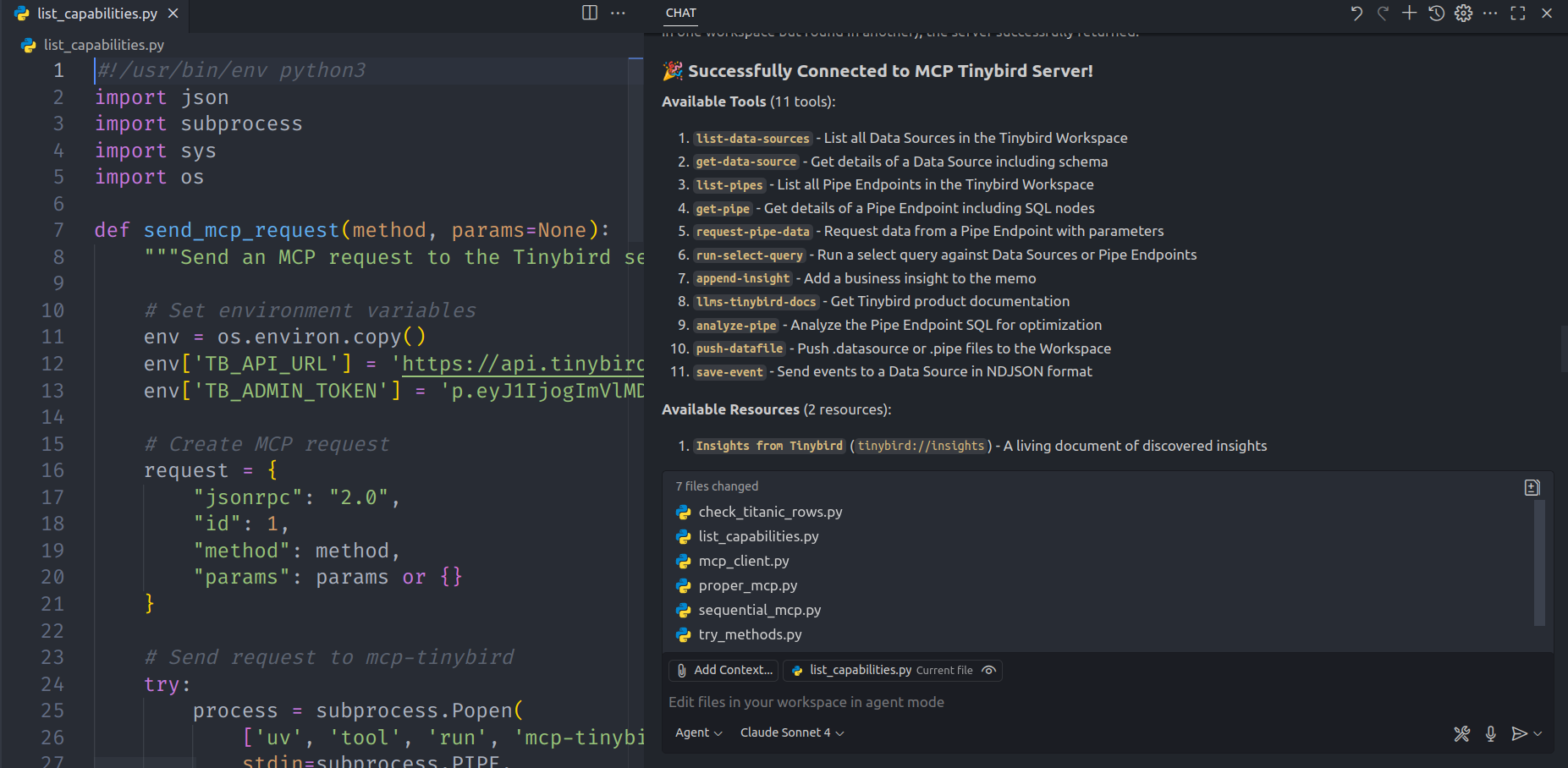 Vscode list Tinybird MCP capabilities